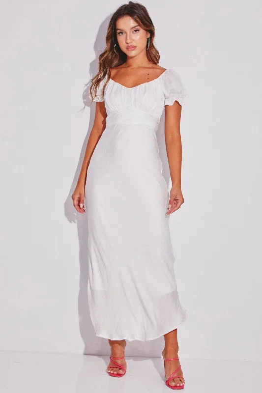 White Midi Dress Sweetheart Neck Satin