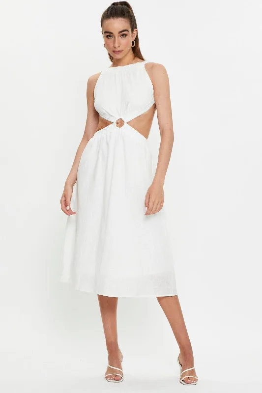 White Ring Detail Backless Linen Midi Dress