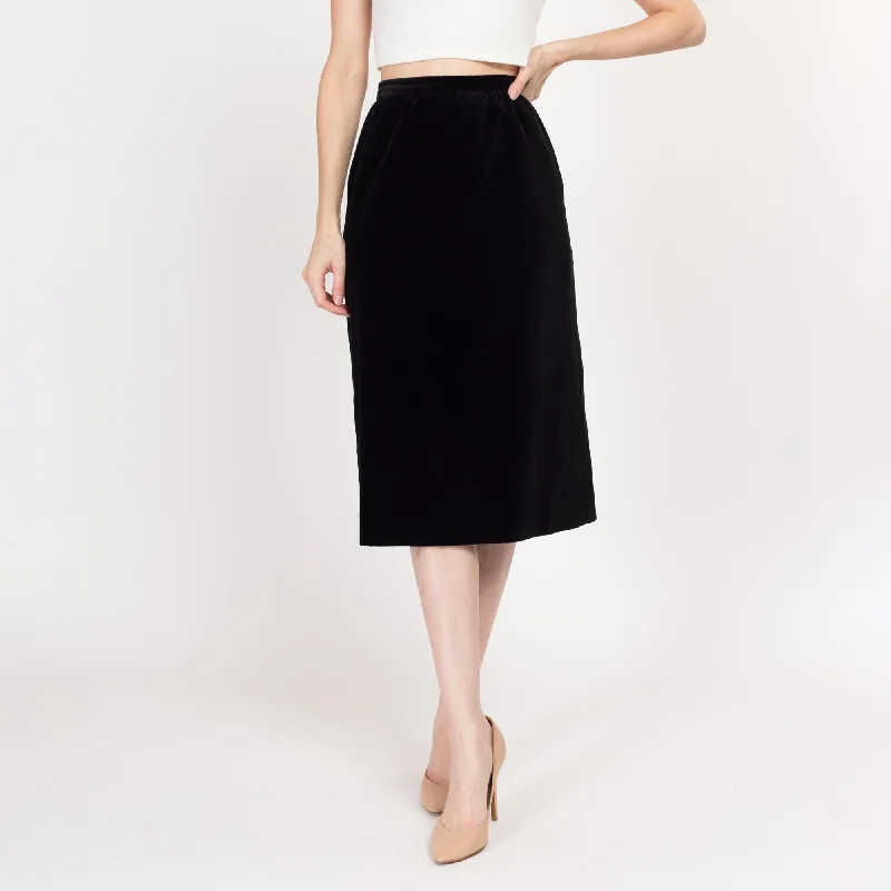 XS 70s Black Velvet Midi Skirt 24.5"