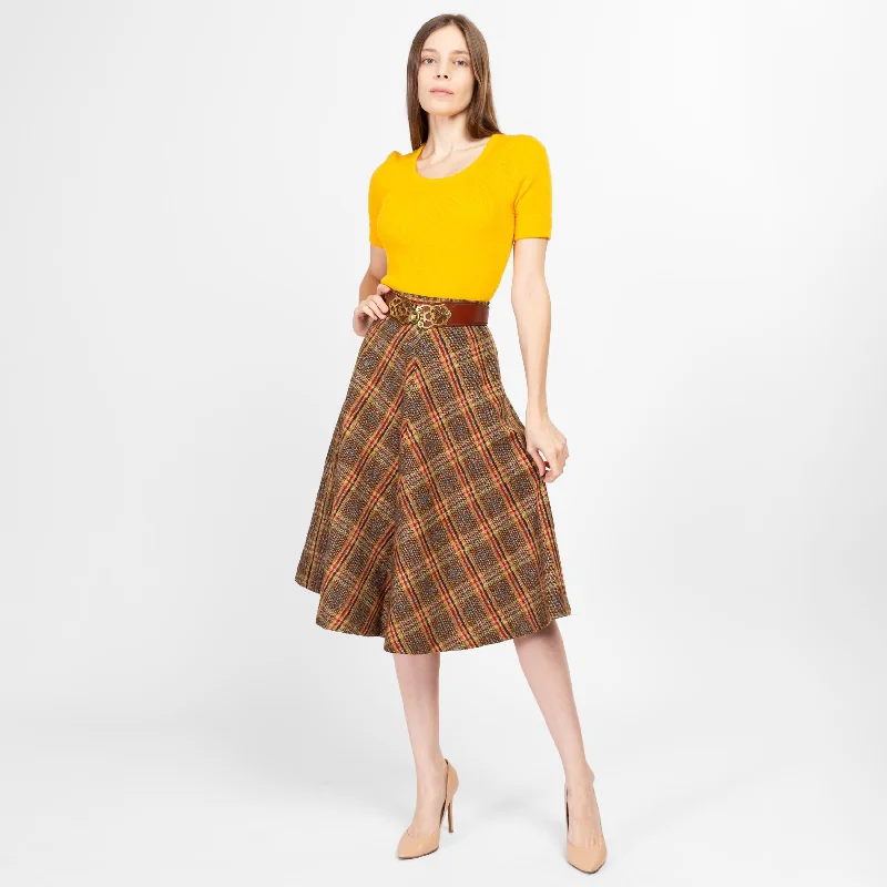 XS 70s Brown Plaid Tweed Schoolgirl Midi Skirt 23"