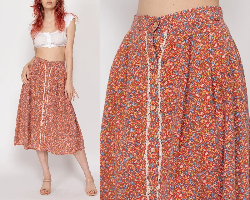 XS 70s Orange Calico Floral Midi Skirt